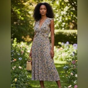 Banana Republic Sleeveless Floral Ruffle Pleated Midi Dress Sz XS Deep VNeck NWT